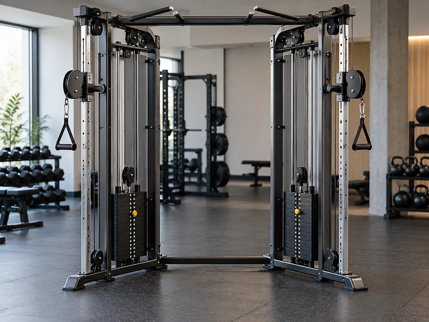 Dual adjustable pulley cable machine in a modern gym